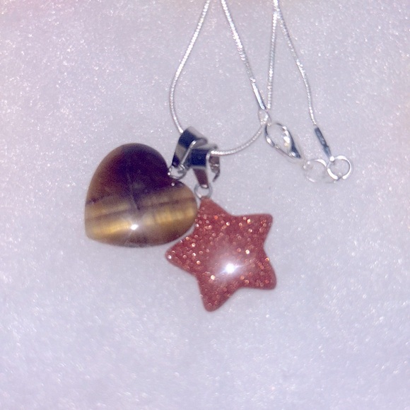 Tigers Eye heart ❤️ and Goldstone Star sterling silver necklace - Picture 3 of 6